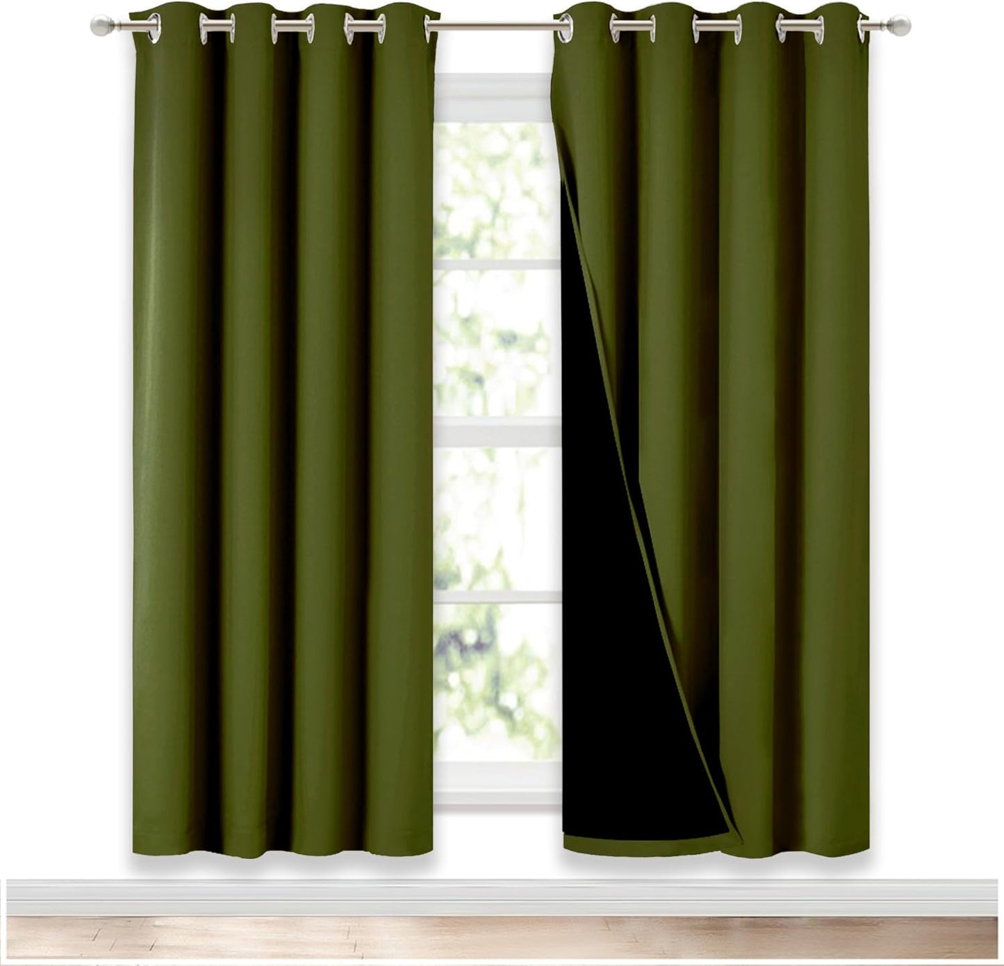 NICETOWN 100% Blackout Window Curtain Panels, Olive Green, 2 Pieces, 52-inch Wide Per Panel, Full Light Blocking Drapes with Black Liner for Nursery, 72-inch Drop Thermal Insulated Draperies