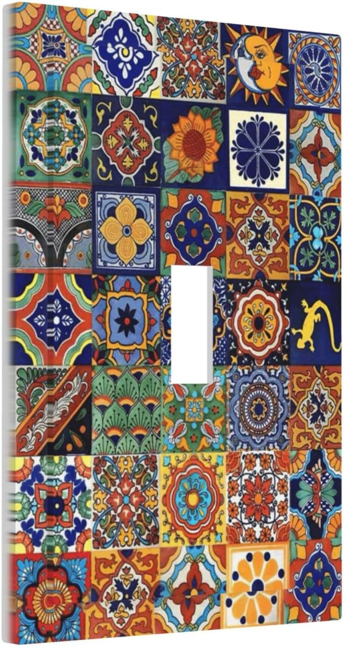 Talavera Mexican Tiles Traditional Color Decoration Print Decorative Light Switch Cover 1 Gang Single Toggle Device Electrical Faceplate Switchplates Decorator Outlet Wall Plate for Kitchen Bathroom