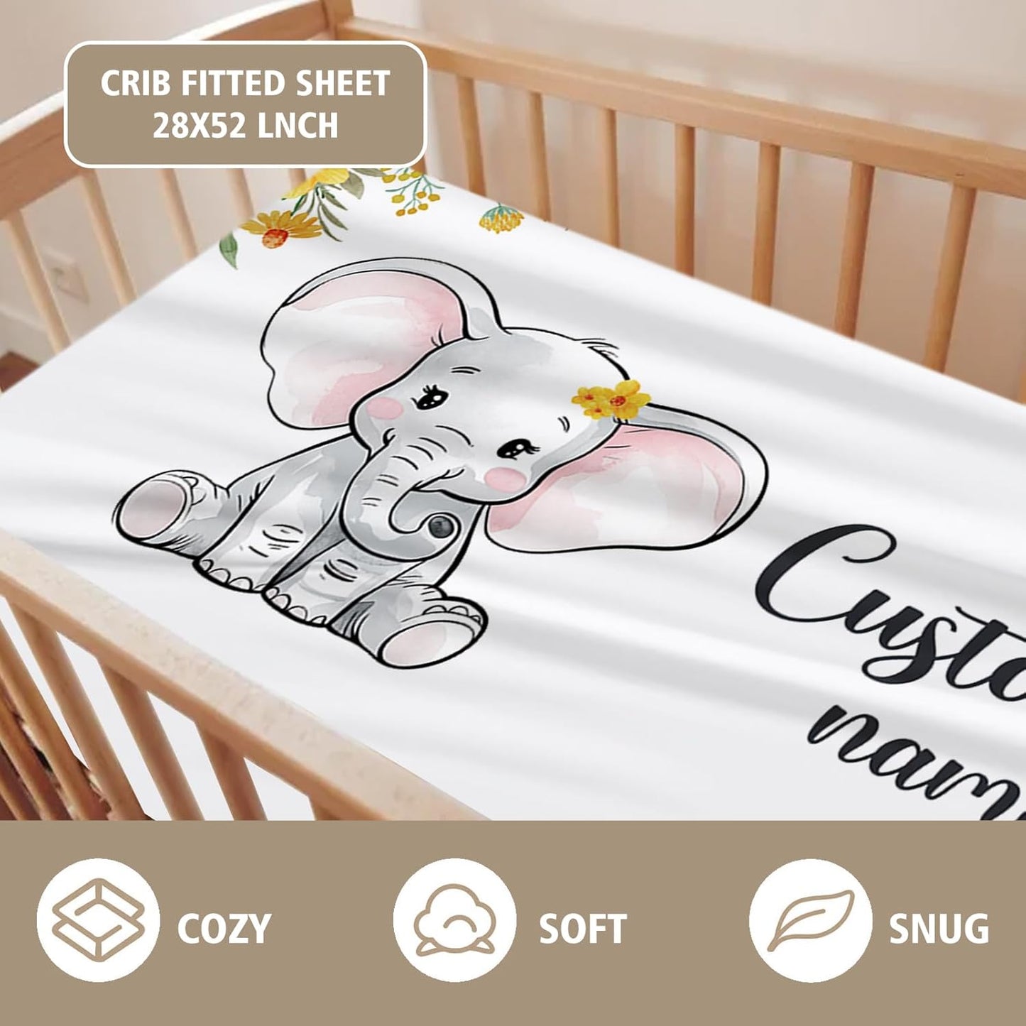 Custom Name Crib Bedding Set - Elephant Pattern, Personalized Yellow Floral Nursery Bedding 3-Piece Set– Soft Blanket, Fitted Sheet, Changing Pad Cover – for Newborns Girls Nursery Gifts