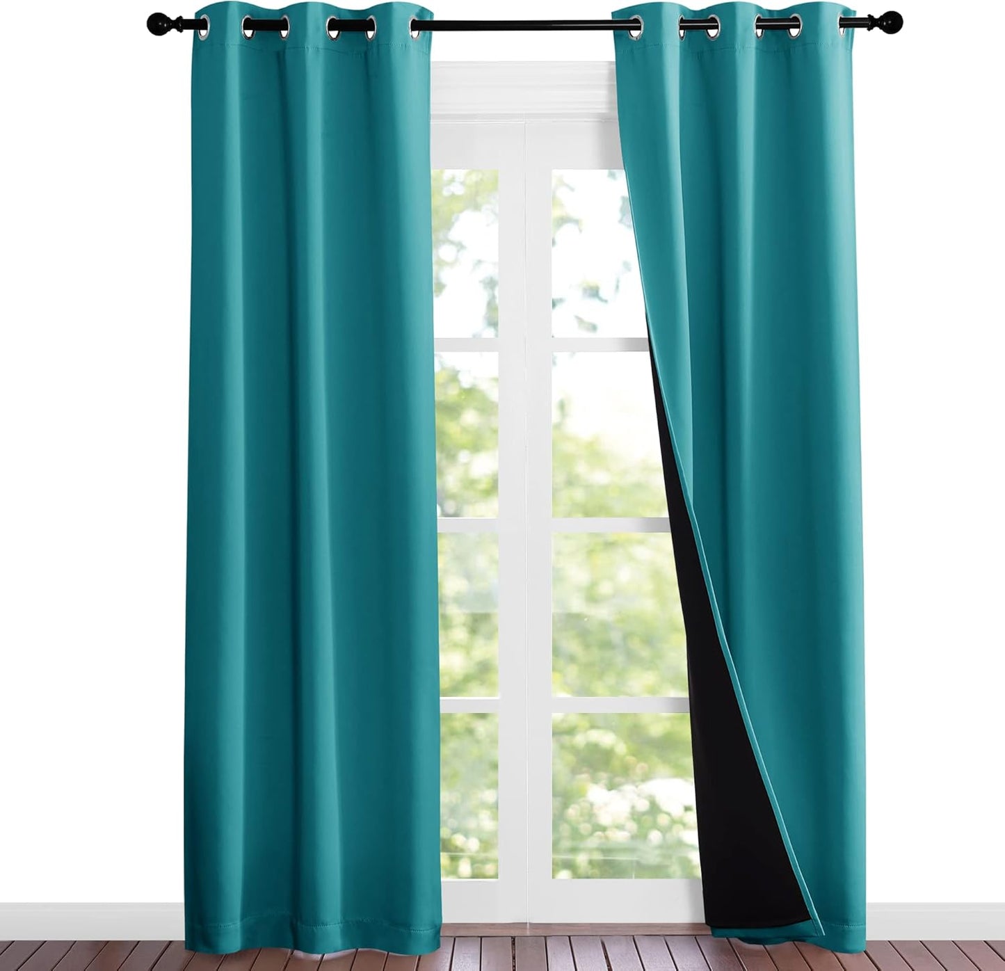 NICETOWN Peacock Teal Blackout Curtains 84 inches Long, Full Light Blocking Drapes with Black Liner for Nursery, Noise Reducing Thermal Insulated Draperies for Doorway (2 Pieces, 37" Wide Each Panel)