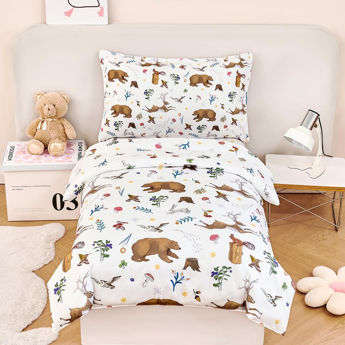 PERFEMET Kids Comforter Sets Twin 4 Pieces Cartoon Woodland Animal Print Bedding for Boys Girls Soft Reversible Bear Deer Forest Theme Children Bedroom Set with Sheets for All Season Use