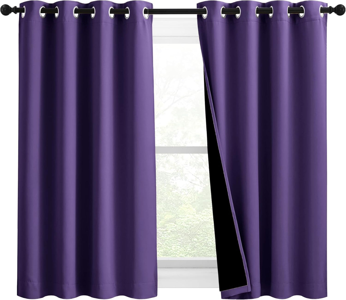 NICETOWN 100% Blackout Curtains with Black Liners, Solid Thermal Insulated Full Blackout 2-Layer Lined Drapes, Energy Efficiency Window Draperies for Bedroom (2 Panels, 46" W by 54" L, Lilac Purple)