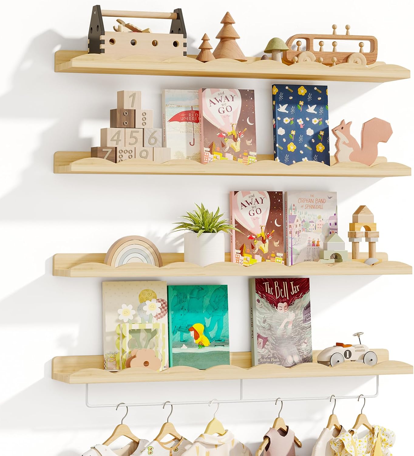 Fixwal Nursery Shelves, 24 Inch Floating Bookshelves for Wall Set of 4, Scalloped Wall Book Shelves with Towel Rack for Kids, Toddler Room, Baby Room, Nursery Decor and Storage(Natural Wood)