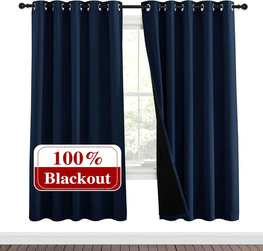 NICETOWN Full Shade Curtain Panels, Pair of Energy Smart & Noise Blocking Out Blackout Drapes for Apartment Window, Thermal Insulated Guest Room Lined Window Dressing(Navy Blue, 62 x 72 inch)