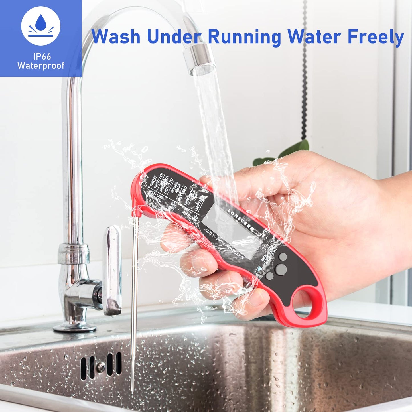 Lonicera Meat Thermometer Digital for Cooking Food. Waterproof & Instant Read for Kitchen Baking, BBQ. with Foldable Probe, Backlight & Calibration (Red)