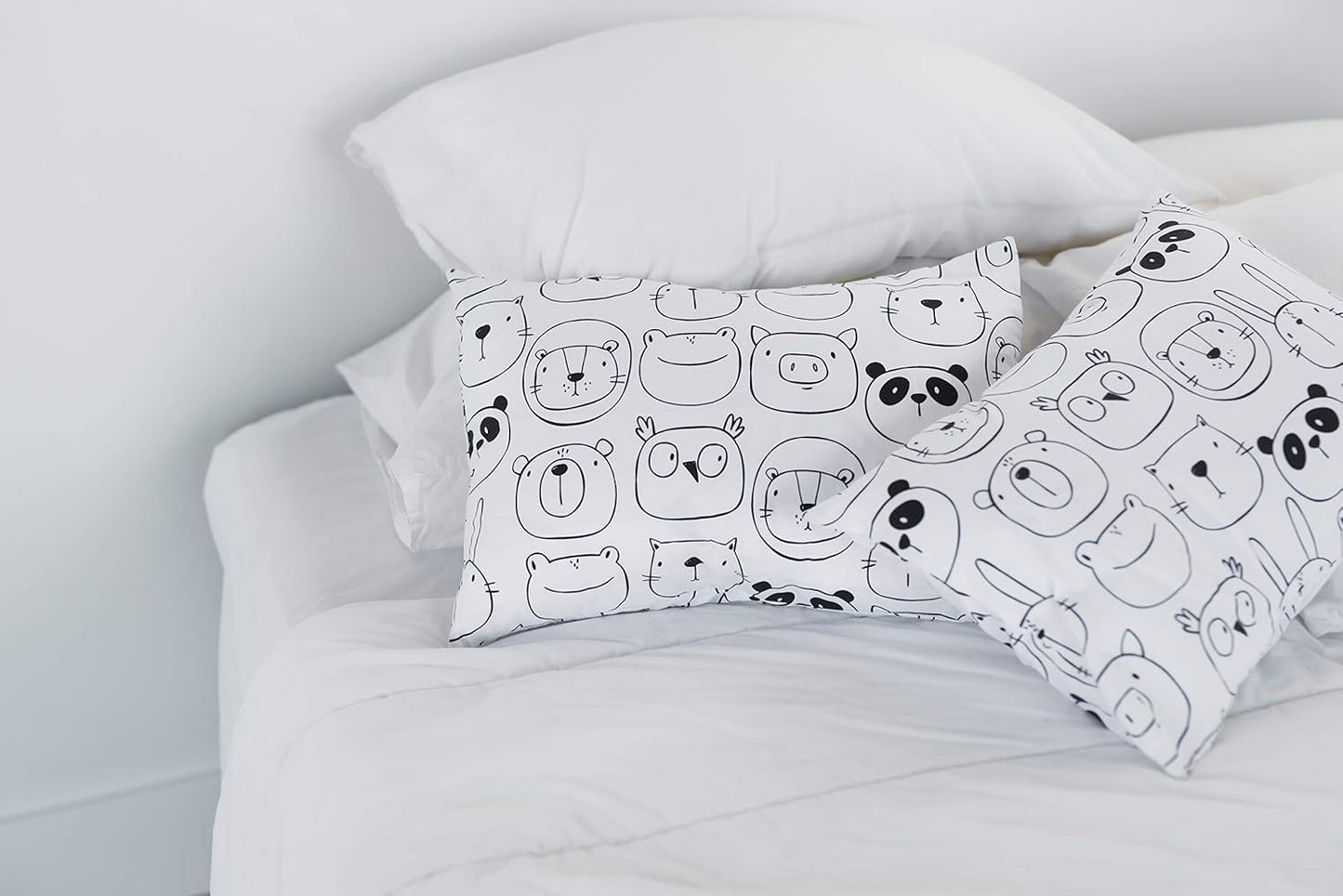 100% Cotton Toddler Pillowcase by ADDISON BELLE - Fits Both 13"x18" and 14"x19" Pillows - Soft, Durable & Breathable (Monochrome Animals)