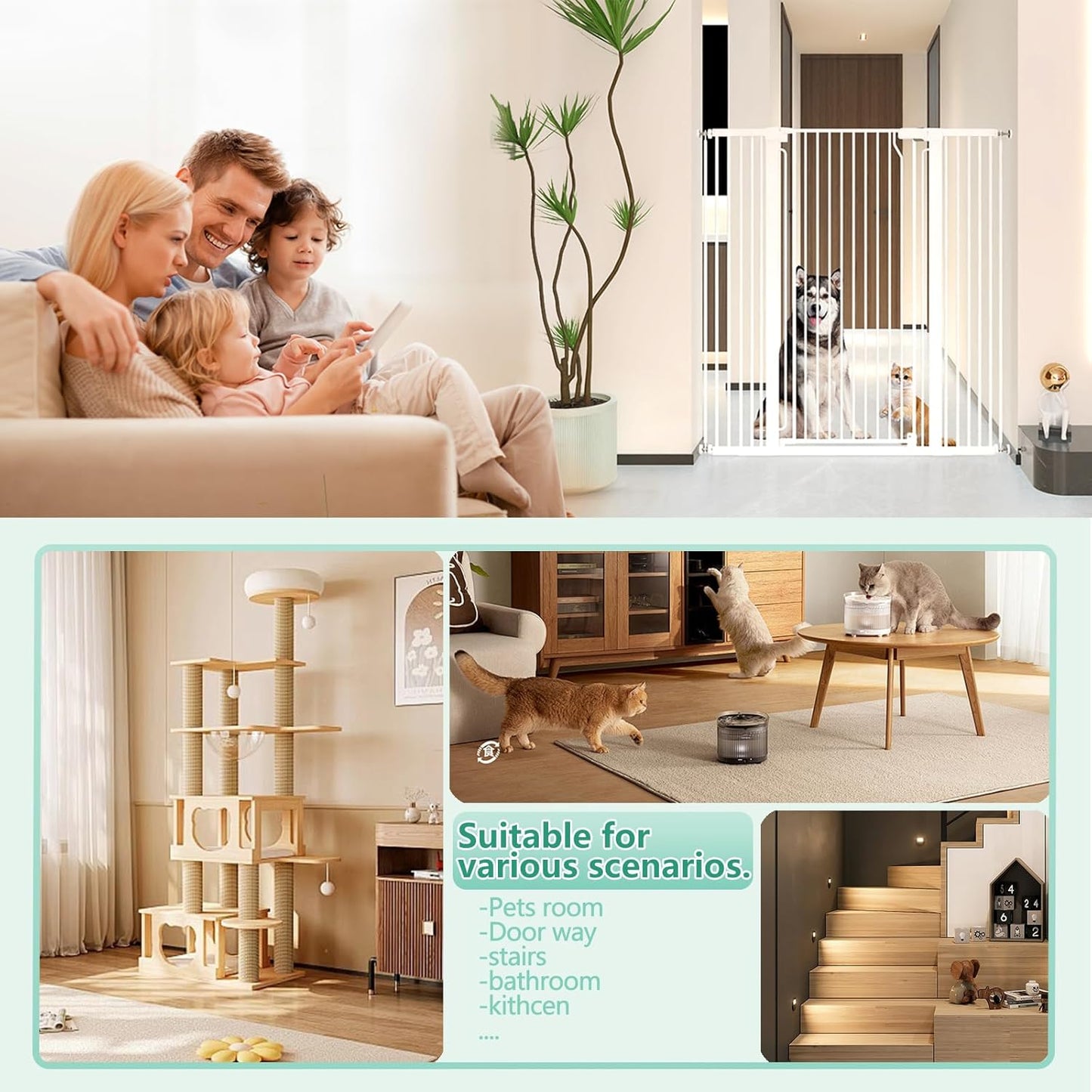 51" Extra Tall Cat Gate 28.5"-48.7" Wide, Auto Close, Pressure Mounted, for Cats & Small Dogs, Hallway, Stairs, Kitchen