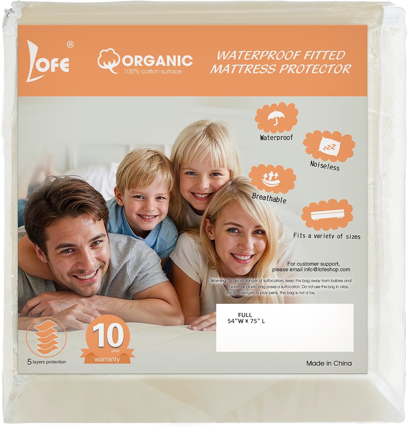 Lofe Organic Cotton Full Mattress Protector - Top&Side 100% Waterproof Mattress Protector, Breathable Organic Mattress Protectors, Noiseless Full Mattress Protectors Waterproof 75x54x17 in