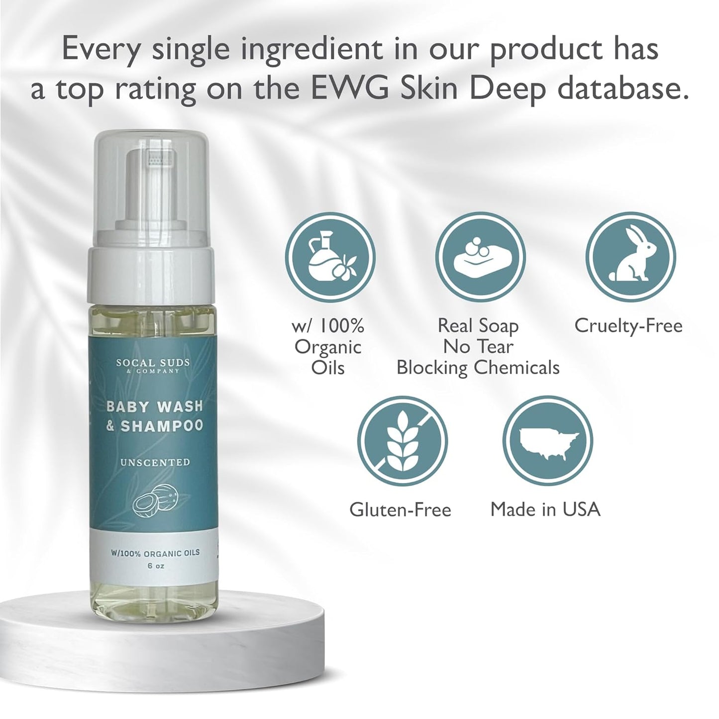 SoCal Suds & Company Gentle Botanical Baby Wash for Sensitive Skin - 2-in-1 Organic Foaming Shampoo & Body Wash - Clean Natural Nourishing Castile Soap Ingredients - Fragrance Free (Pack of 1), 6 oz