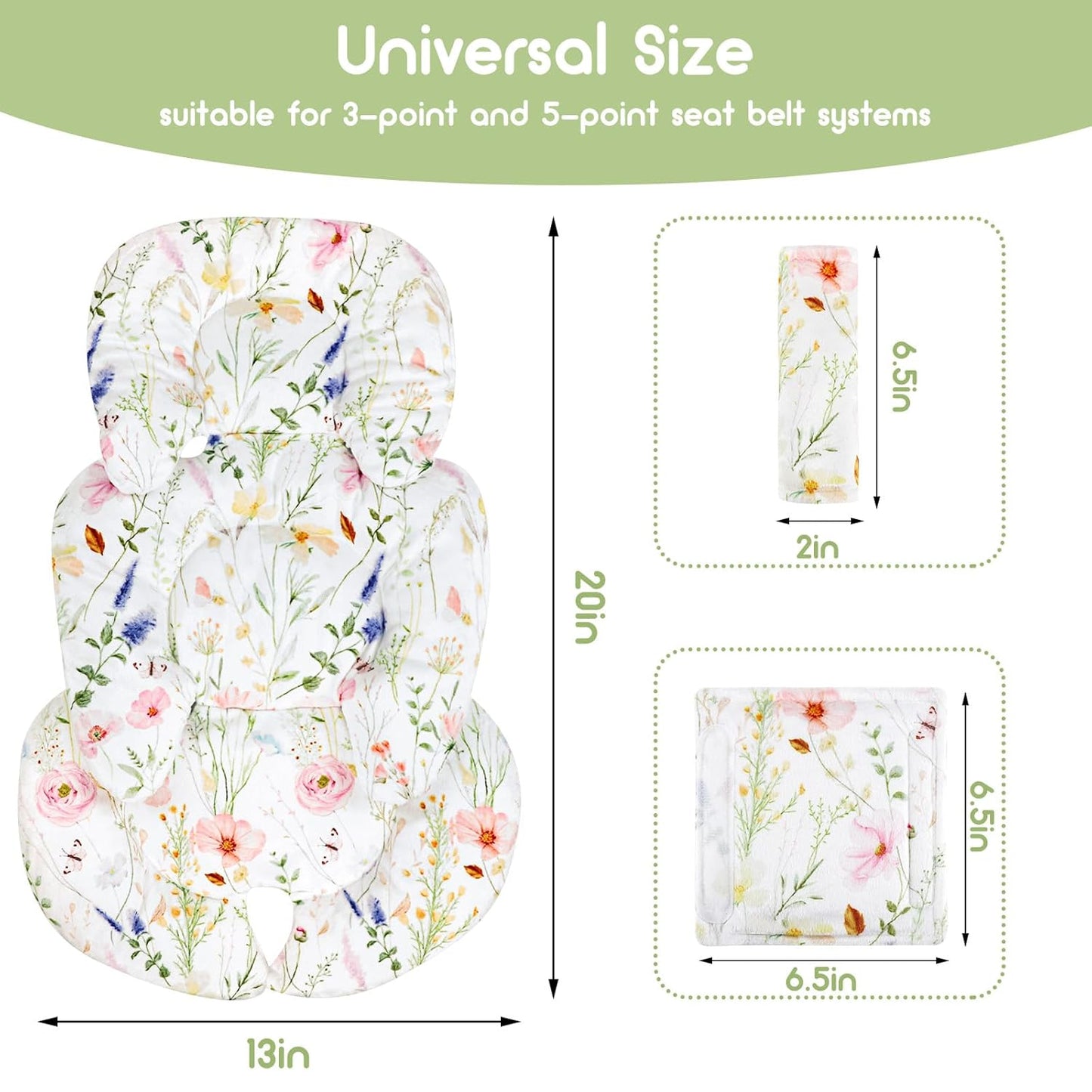 Infant Car Seat Insert, Car Seat Head Support Baby Girls Boys, Soft & Reversible Newborn Carseat Insert Cushion with 2 Strap Covers, for Stroller, Swing, Bouncer (White Wildflowers)