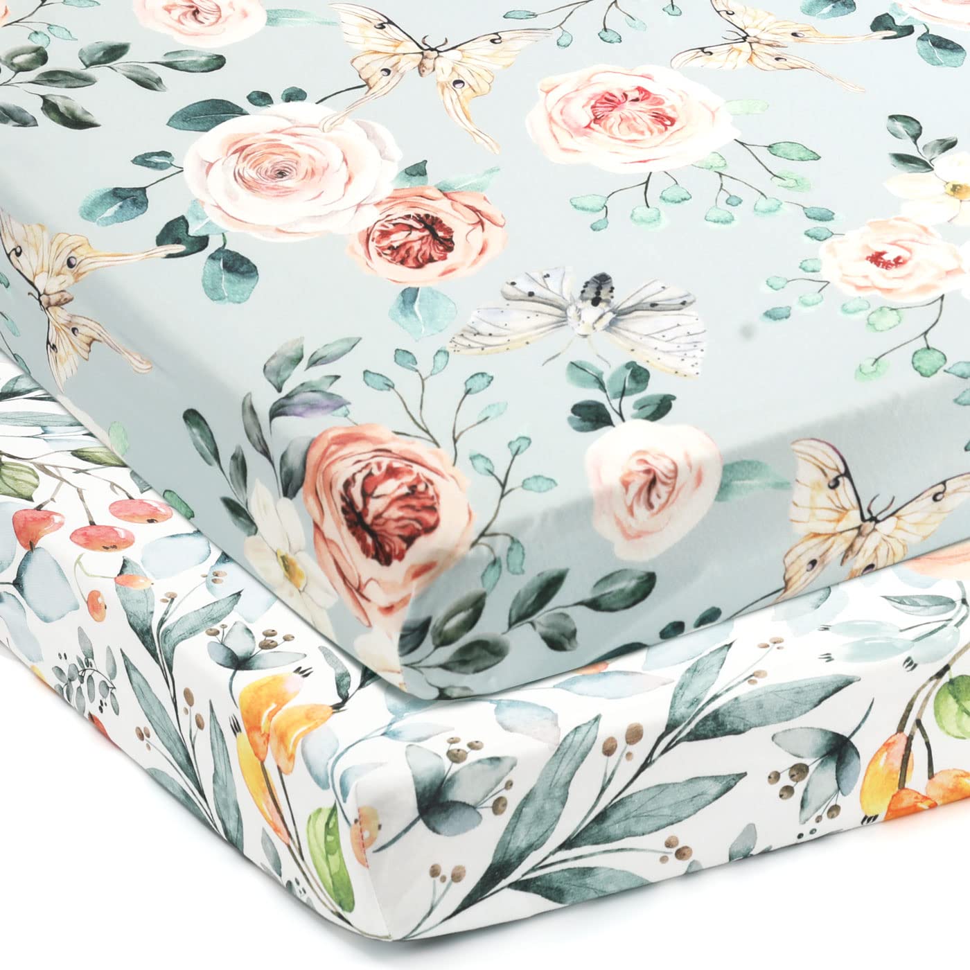 GRSSDER Stretchy Ultra Soft Jersey Knit Fitted Pack n Play Sheets Set 2 Pack, Portable/Mini Crib Sheets for Girls, Watercolor Flowers and Fruits