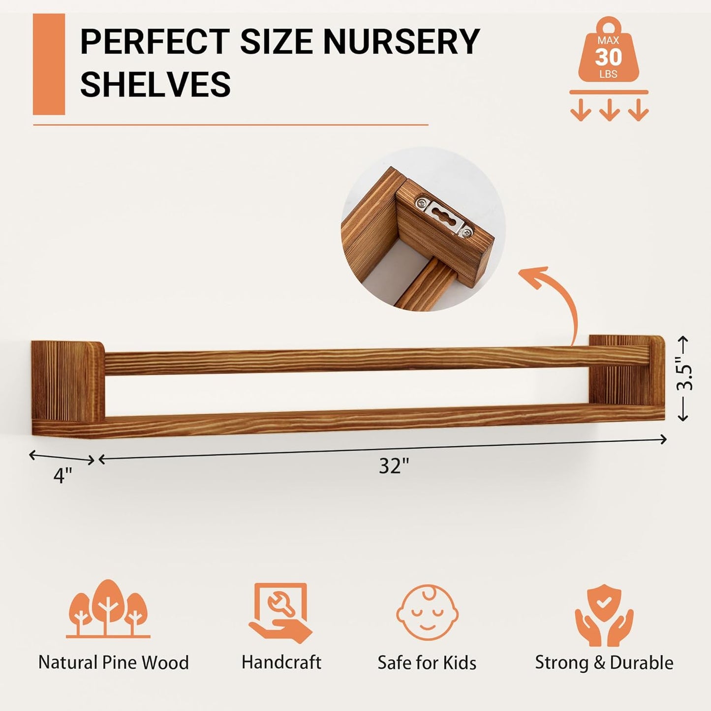 Heimlove Nursery Floating Shelves - 32 inch Solid Wood Wall Mounted Book Shelves for Kids, Set of 3