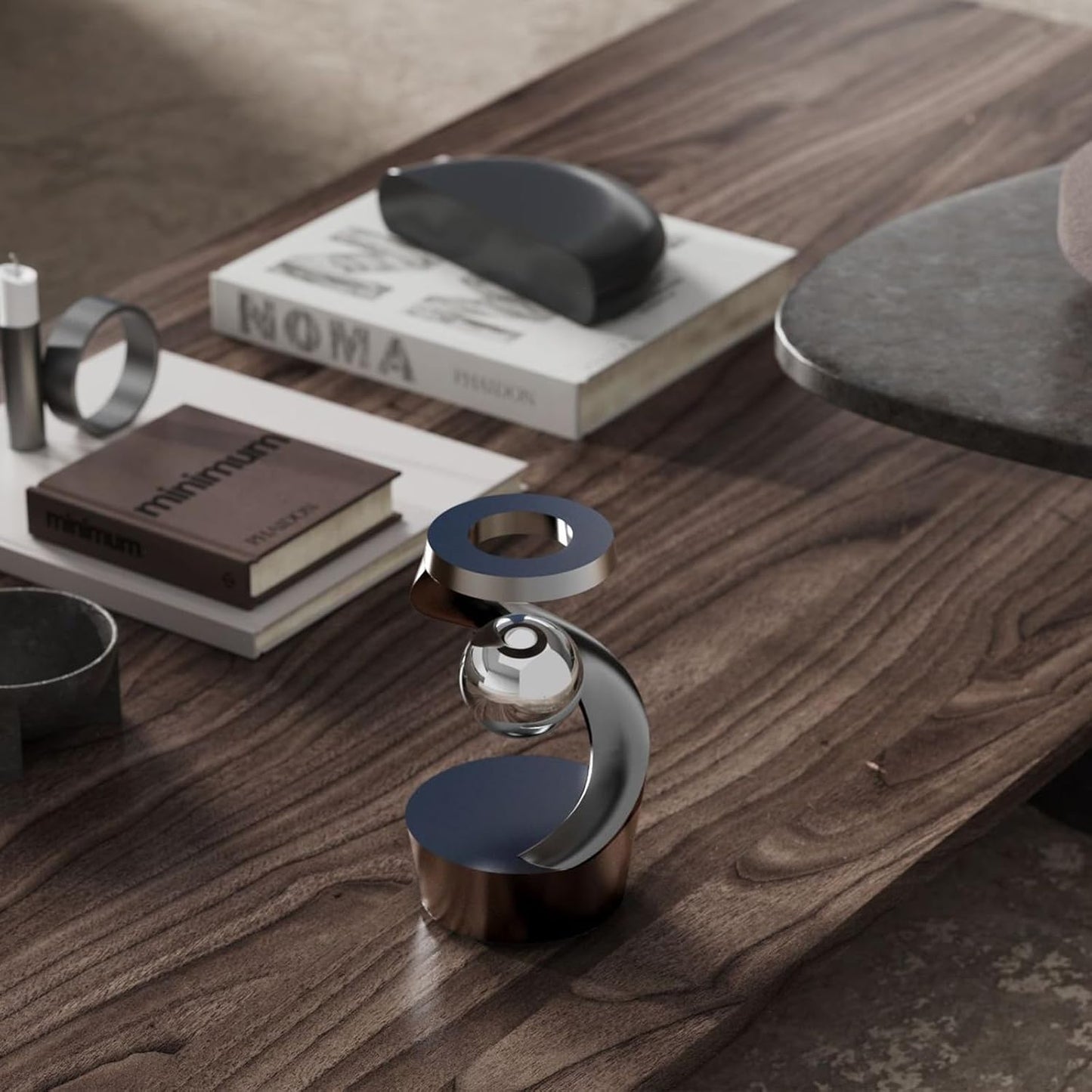 Gravity Defying Kinetic Desk Toy, Desktop Suspended Gyroscope, Executive Desk Toy Levitating Spinning Metal, Rotating Spinner with Floating Ball for Desktop Decor (Grey)