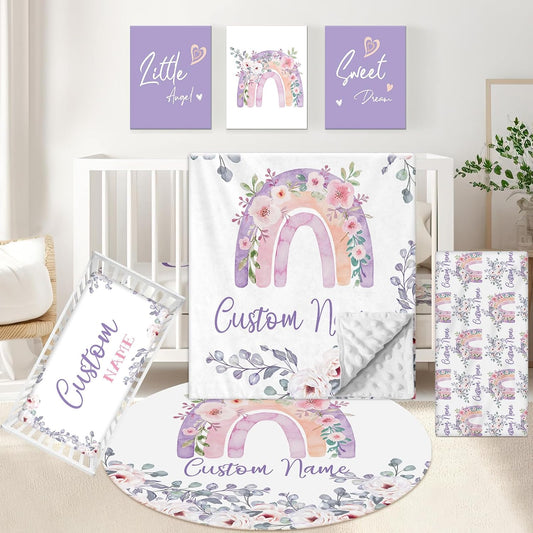 Personalized Baby Bedding Set, 5 Pcs Custom Baby Crib Set with Name, Soft Flannel Rainbow Crib Bedding Set for Girls, Double Layer Nursery Bedding Set, Infant Toddler Bedding Set Parents Gift