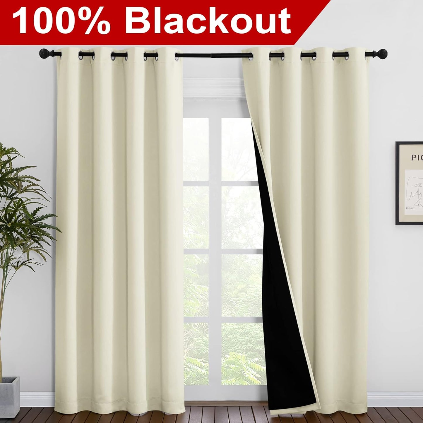 NICETOWN Living Room Completely Shaded Draperies, Privacy Protection & Noise Reducing Ring Top Drapes, Black Lined Insulated Window Treatment Curtain Panels (Beige, 2 Pieces, W55 x L86)