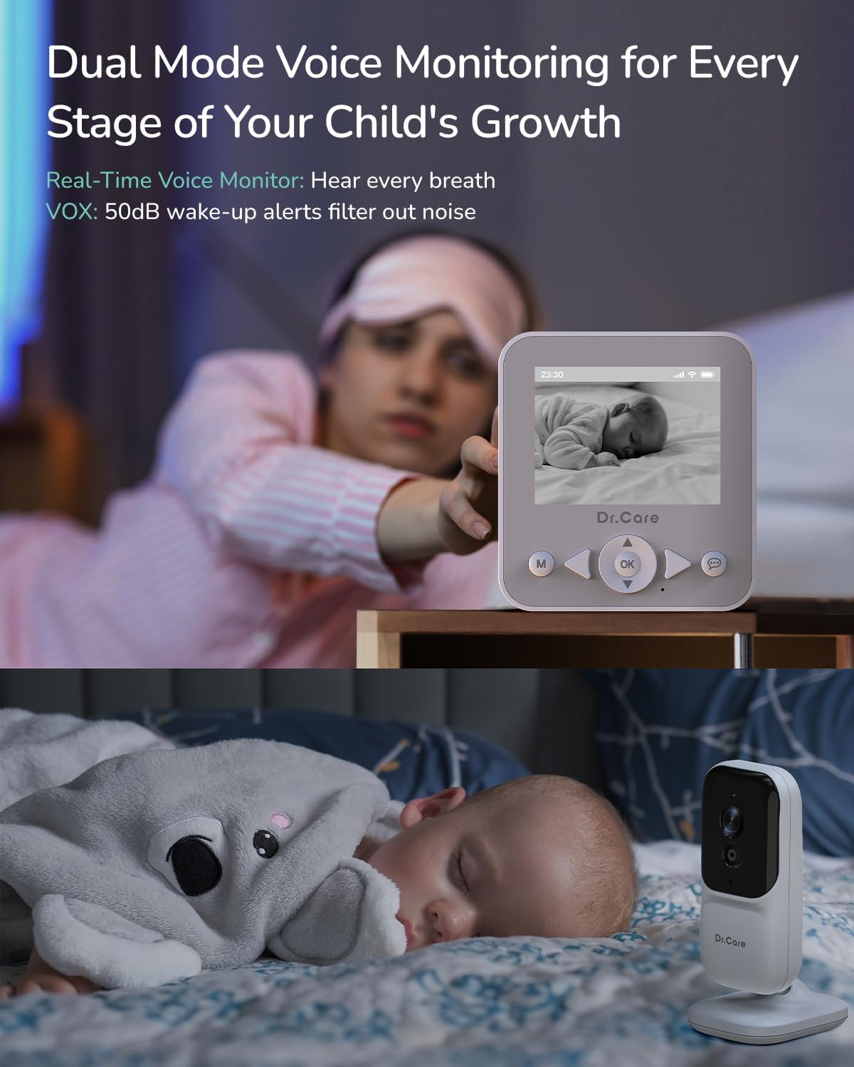 NeoView Video Baby Monitor with 2 Cameras, 2.8” Screen, 2-Way Audio, Video Loop Recording, Night Vision, Real-Time/VOX Monitoring, Temperature Sensor, Lullabies, Belt Clip Design