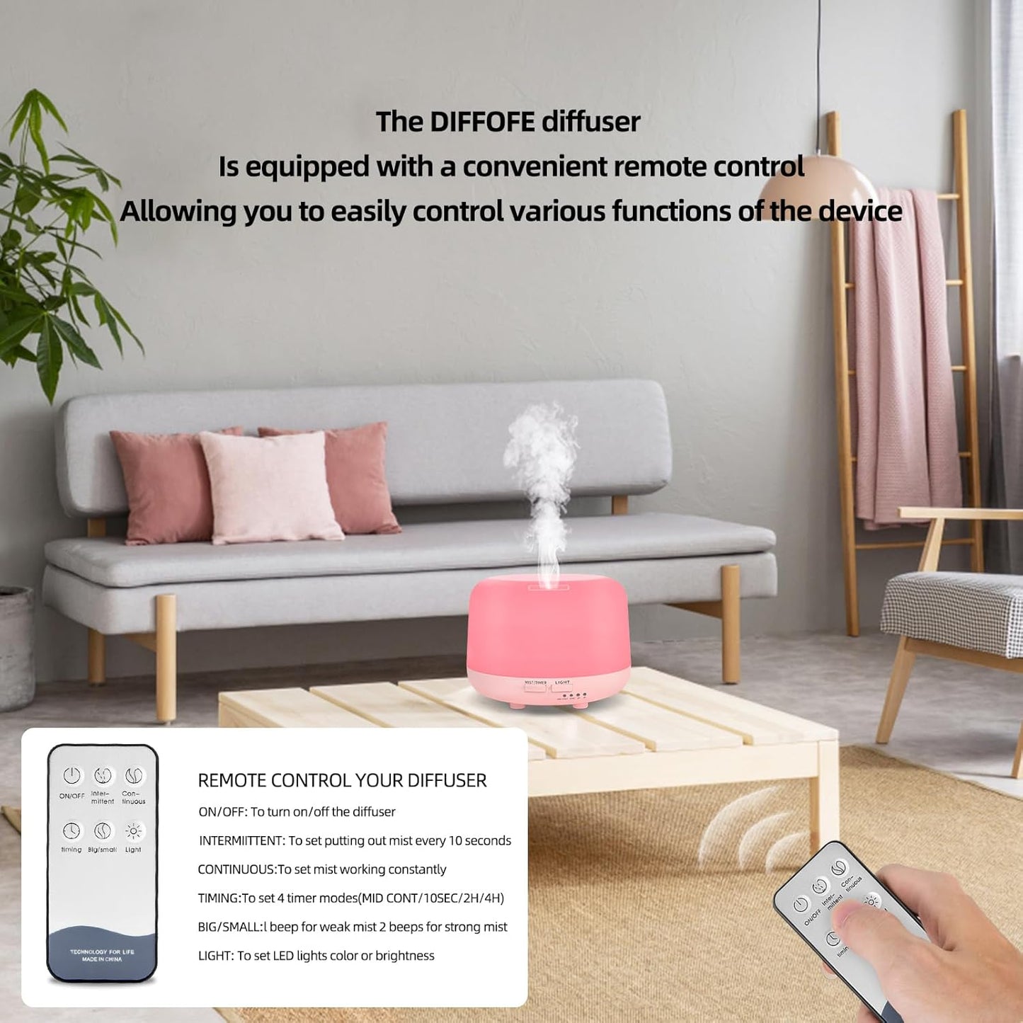 300ML Essential Oil Diffusesrs Remote Control, Aromatherapy Ultrasonic Diffuser, Cool Mist Aroma Humidfier Diffuser, 7 Color Changing LED Light, Auto-Off, Timer for Home, Room, Office, Kids.(Pink)