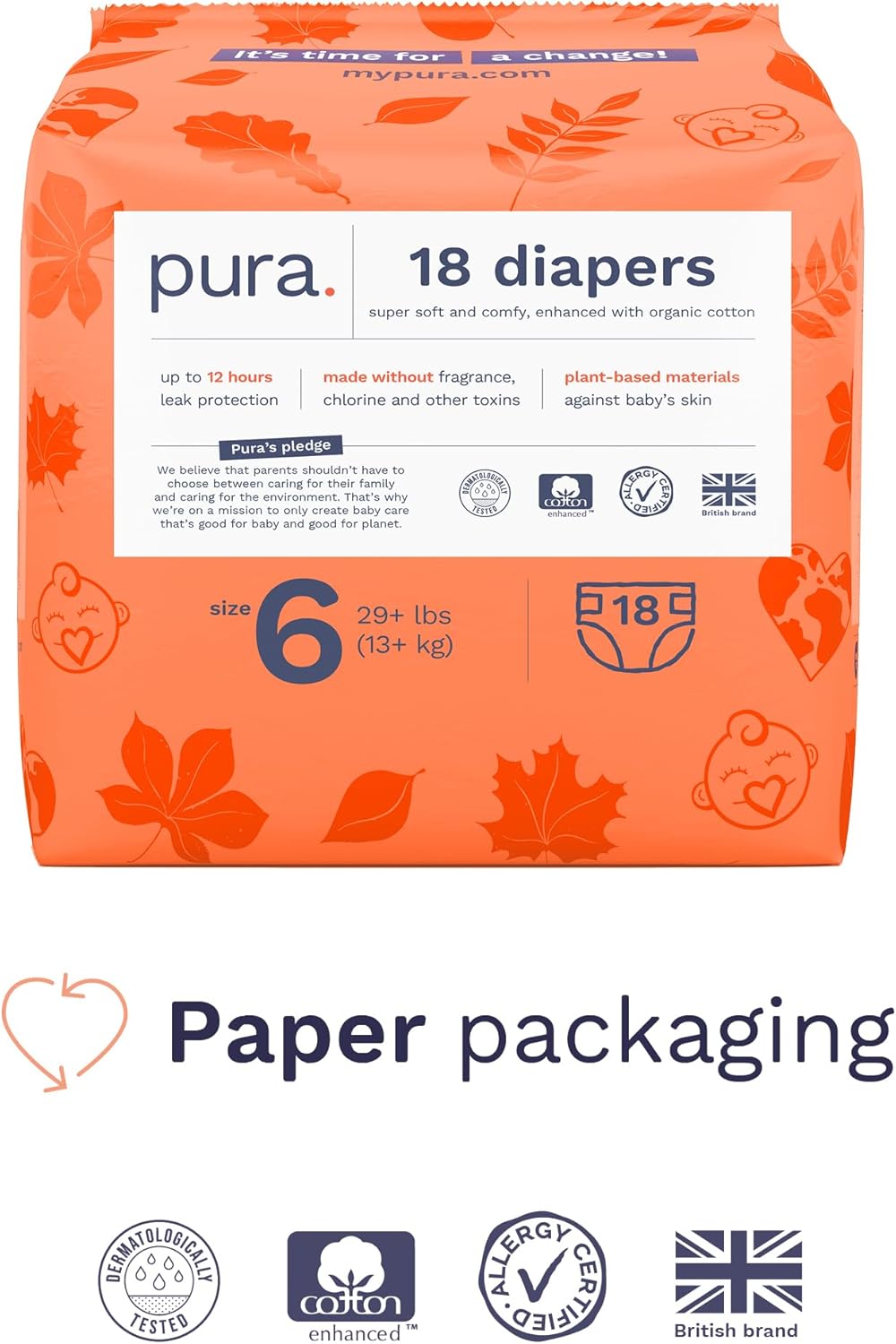 Pura Size 6 Eco-Friendly Diapers (29+ lbs) Hypoallergenic, Soft Organic Cotton, Sustainable, up to 12 Hours Leak Protection, Allergy UK, Recyclable Paper Packaging, 18 Count (Pack of 3) (54 Diapers)