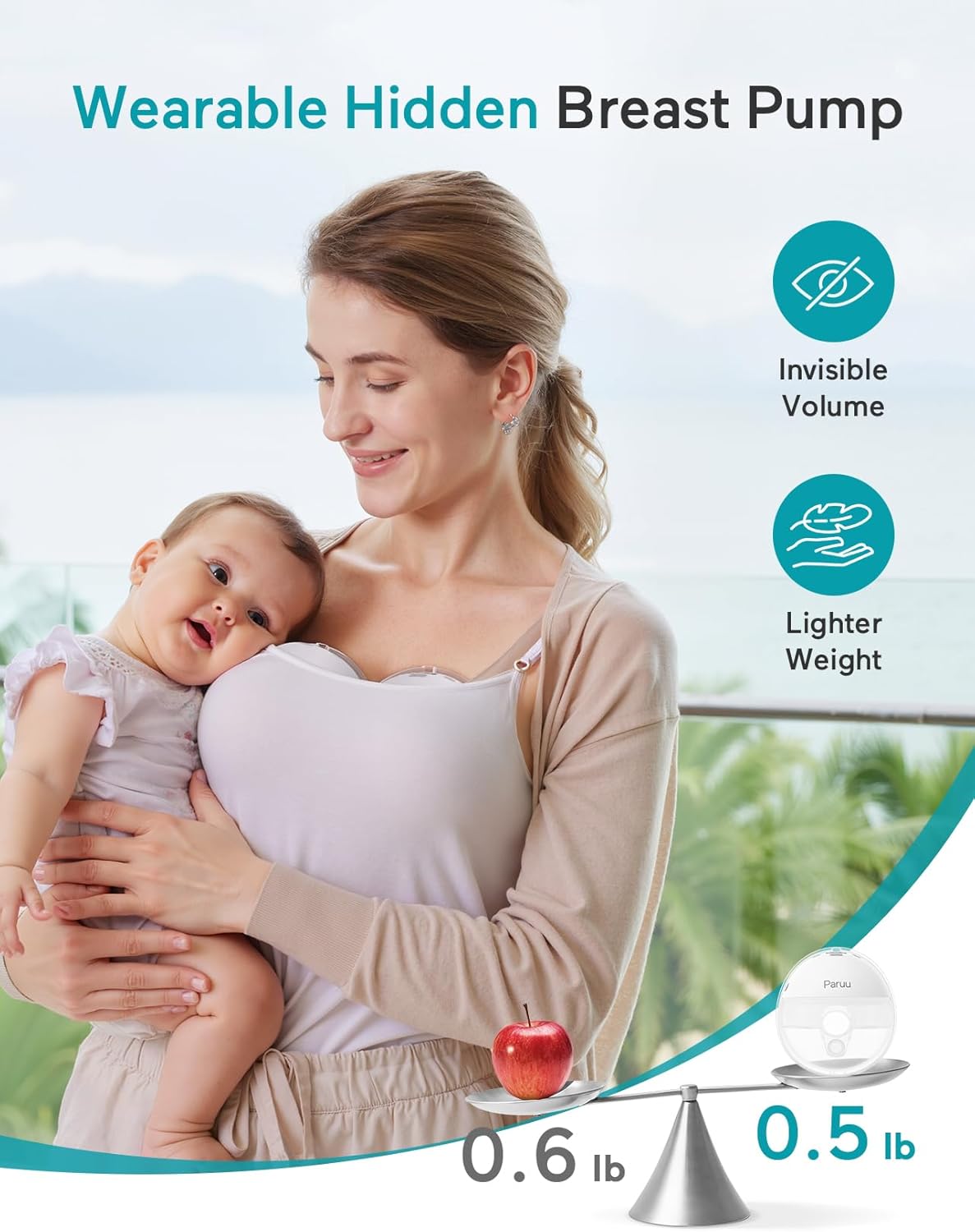 Paruu Hands Free Breast Pump P16, Wearable Breast Pump Electirc Portable with 4 Modes & 12 Levels, Max 309mmHg Strong Suction 19/21/24mm Flange Inserts Wearable Breastfeeding Pump, 2 Pack
