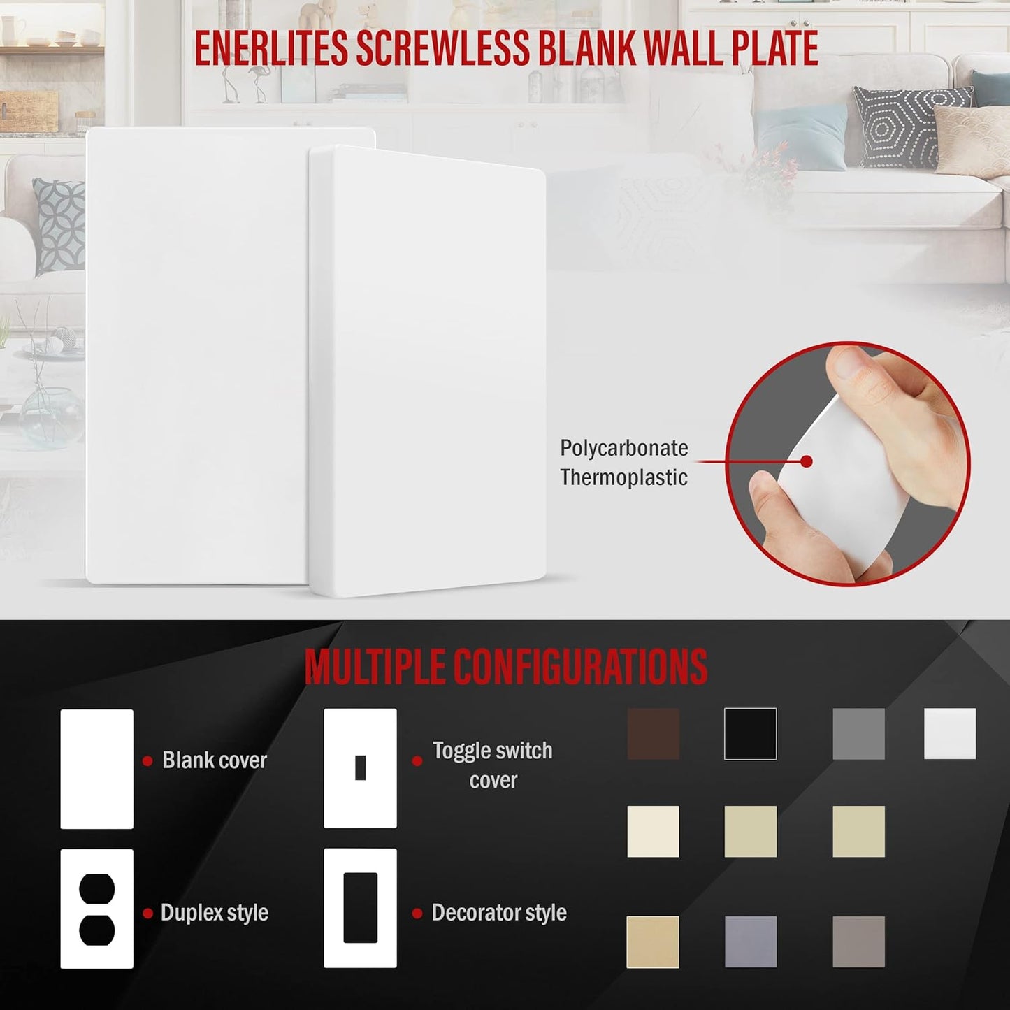 ENERLITES SI8801-W-5PCS, Screwless Blank Wall Plate, Child Safe Blank Device Outlet Cover, Standard Size, 1-Gang 4.68" x 2.93", Polycarbonate Thermoplastic, UL Listed, Glossy, White, 5 pack
