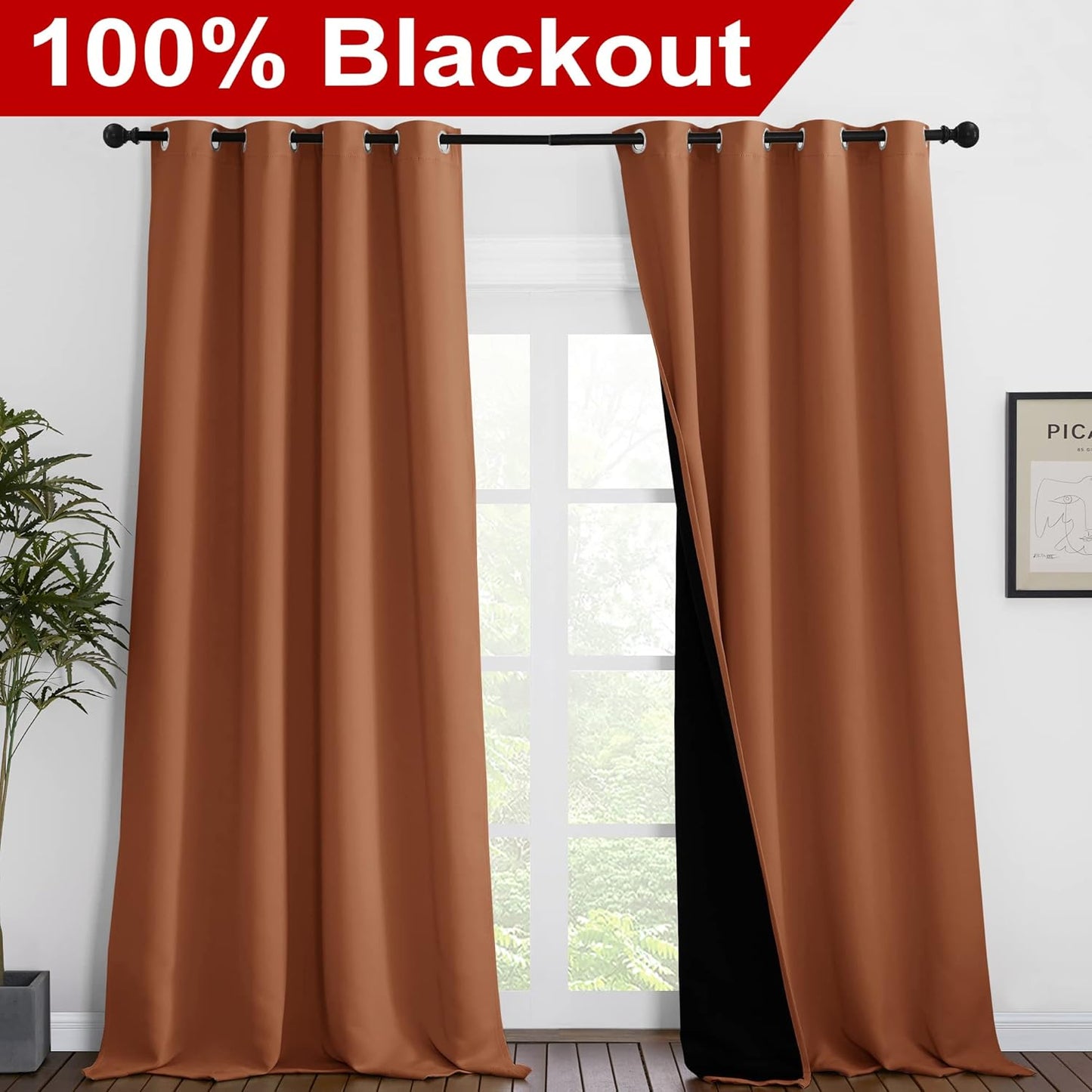 NICETOWN Full Shading Curtains 96 inches Long 2 Panels Set for Windows, Super Heavy-Duty Black Lined Blackout Curtains for Bedroom, Privacy Assured Window Treatment (Burnt Orange, 55 inches W)