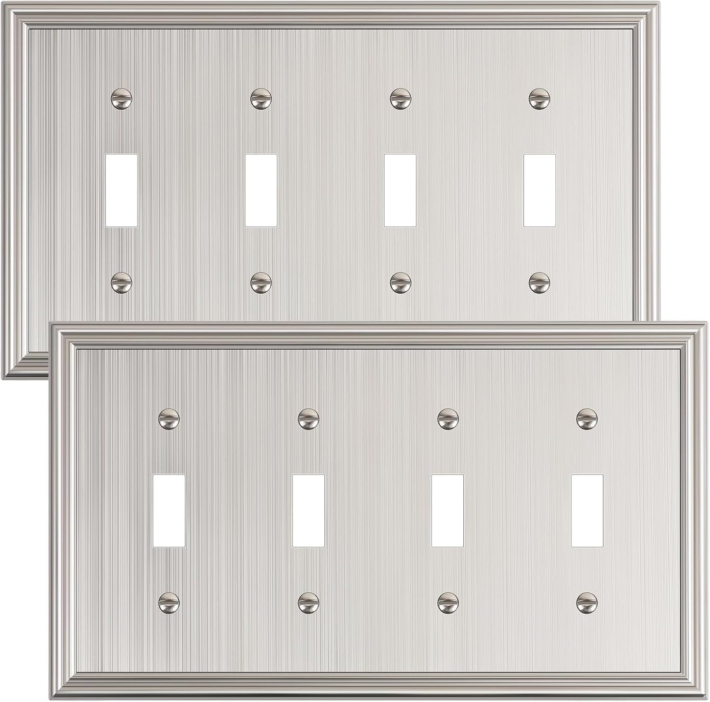 2-Pack Quad Toggle Light Switch Cover Plate, Durable Zinc Alloy Decorative Switch Plate Covers, Brushed Nickel 4 Gang Wall Plate for Toggle Light Switch and Rotary Dimmer Switch