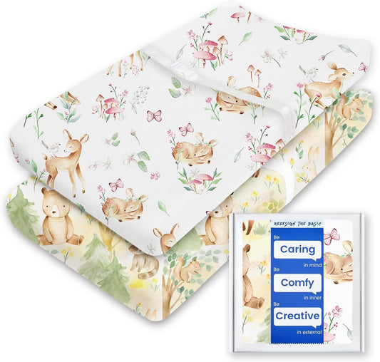 Changing Pad Cover for Girls Boys, TotBasic Premium Soft Changing Table Covers, Stretchy Jersey Changing Table Sheets - Fits All Standard Changing Pads - 2 Pack (Forest Bear & Bambi Deer)