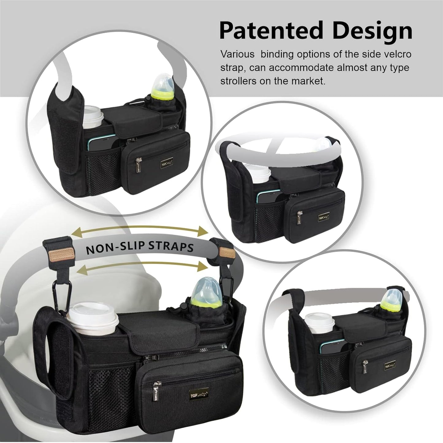 TOPDesign Universal Baby Stroller Organizer, Stroller Caddy with Heightened Insulated Cup Holders & Non-Slip Secure Hooks Accessories, Fits Most Strollers, Machine Washable (Black)