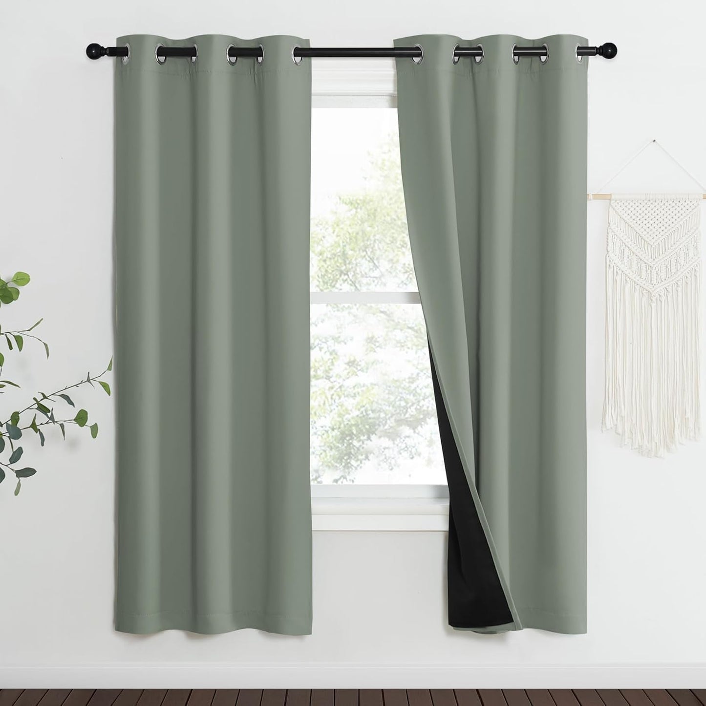 NICETOWN 100% Blackout Window Curtain Panels, Heat and Full Light Blocking Drapes with Black Liner for Nursery, 70" Drop Thermal Insulated Draperies (Greyish Green, 2 Pieces, 37" Wide Each Panel)