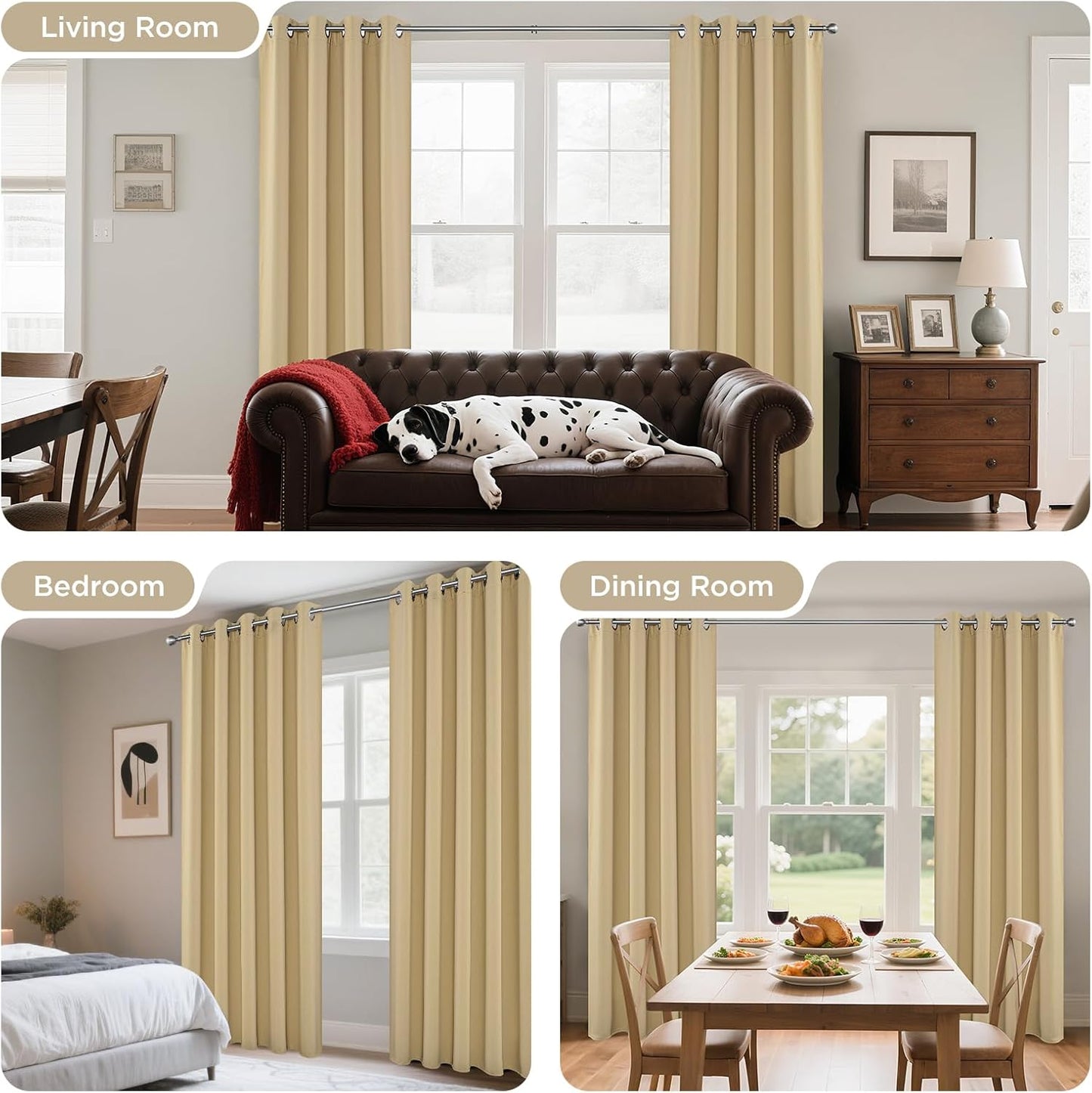 Joydeco Blackout Curtains 84 Inch Length 2 Panels Set, Thermal Insulated Long Curtains& Drapes 2 Burg, Room Darkening Grommet Drapes for Living Room Bedroom Window (W52 x L84 Inch, Beige)