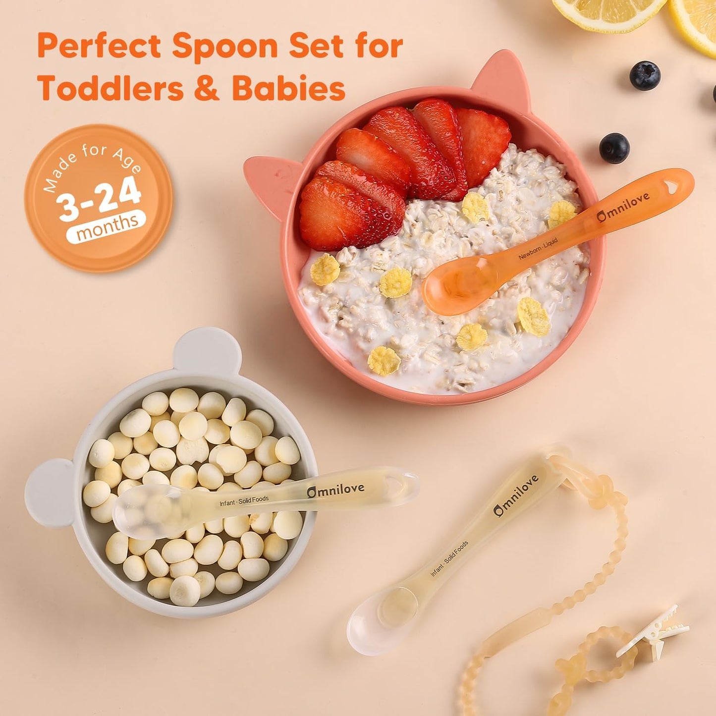 Silicone Baby Spoons 2-Pack with Case, New Born Self Feeding Toddler Spoon, Baby Led Weaning Supplies, Toddler Utensils with Safety Chain, Baby Eating Essentials, Dishwasher Safe