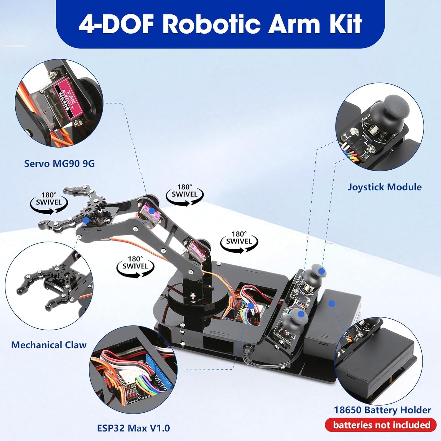 4DOF Robotic Arm Kit for Kids Compatible with Arduino IDE, Programming ESP32 Smart Robot Arm Building Kit STEM Educational Desktop Toy with Joystick and Web App Control for Children Ages 8+ and Adults