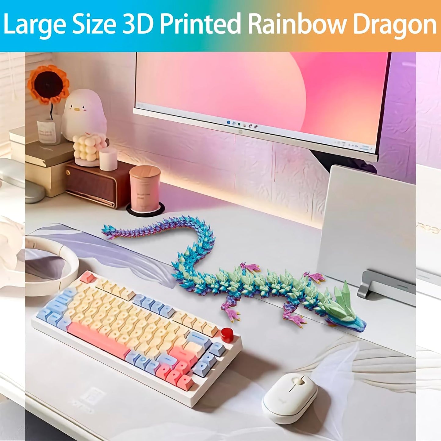 3D Printed Dragon, 24 Inch Crystal Dragon, Bigger Fidget Toys Adults, 3D Printed Articulated Dragon for Home Office Car Desk Decor Toys, Dragon Eggs Gift Given on Birthday (Rainbow)