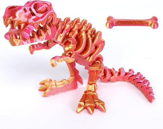 3D Printed Dinosaur Bone Skeleton Tyrannosaurus Rex with Movable Jaw Fidget Dinosaur Toys Full Articulated Dinosaur Executive Desk Toys Home Office Decor, Red Mix Yellow