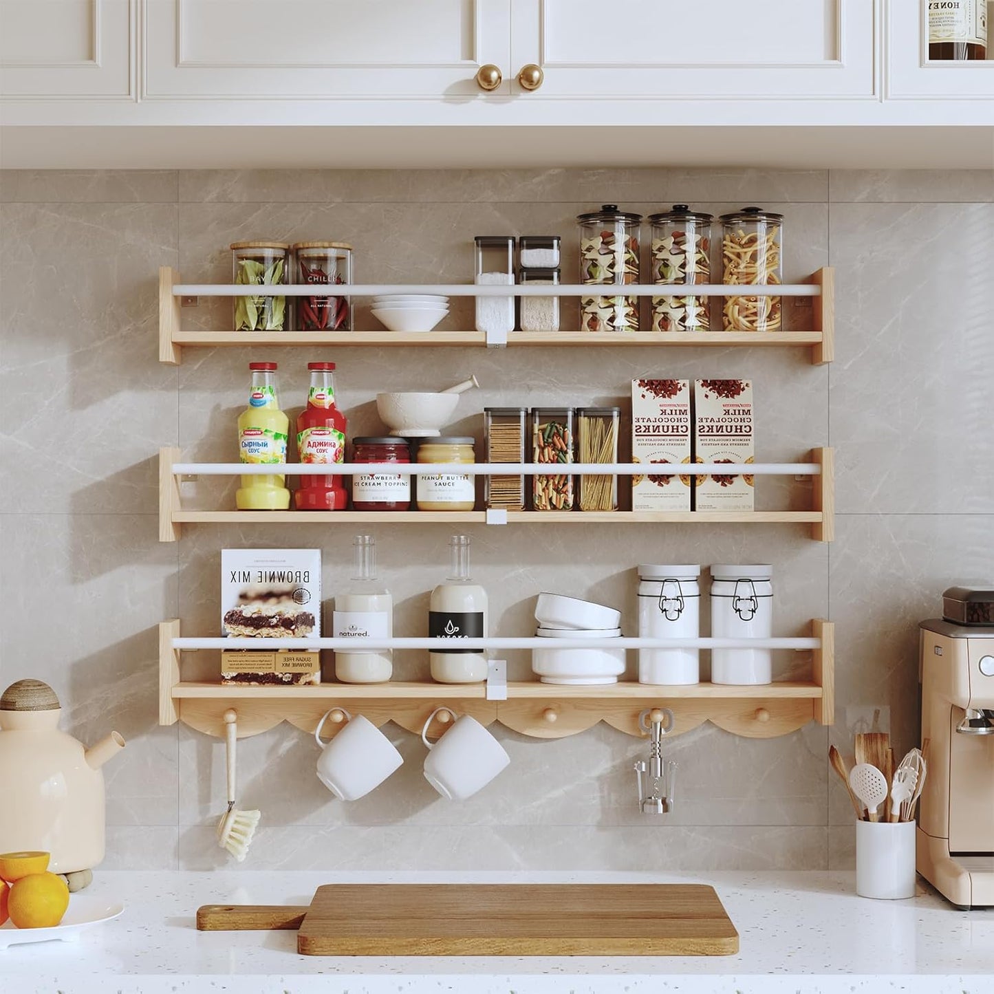 Nursery Bookshelves Wall Mounted，34inch，Set of 3, Floating Shelf Kids Coat Rack with 6Hooks,Hanging Shelf for Baby Nursery Room Décor, Patent Number: 29924445,Burlywood