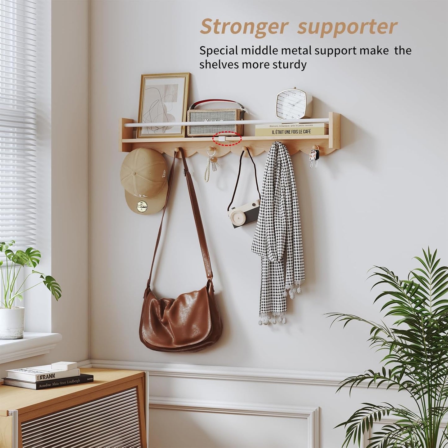 Nursery Bookshelves Wall Mounted，34inch，Set of 3, Floating Shelf Kids Coat Rack with 6Hooks,Hanging Shelf for Baby Nursery Room Décor, Patent Number: 29924445,Burlywood