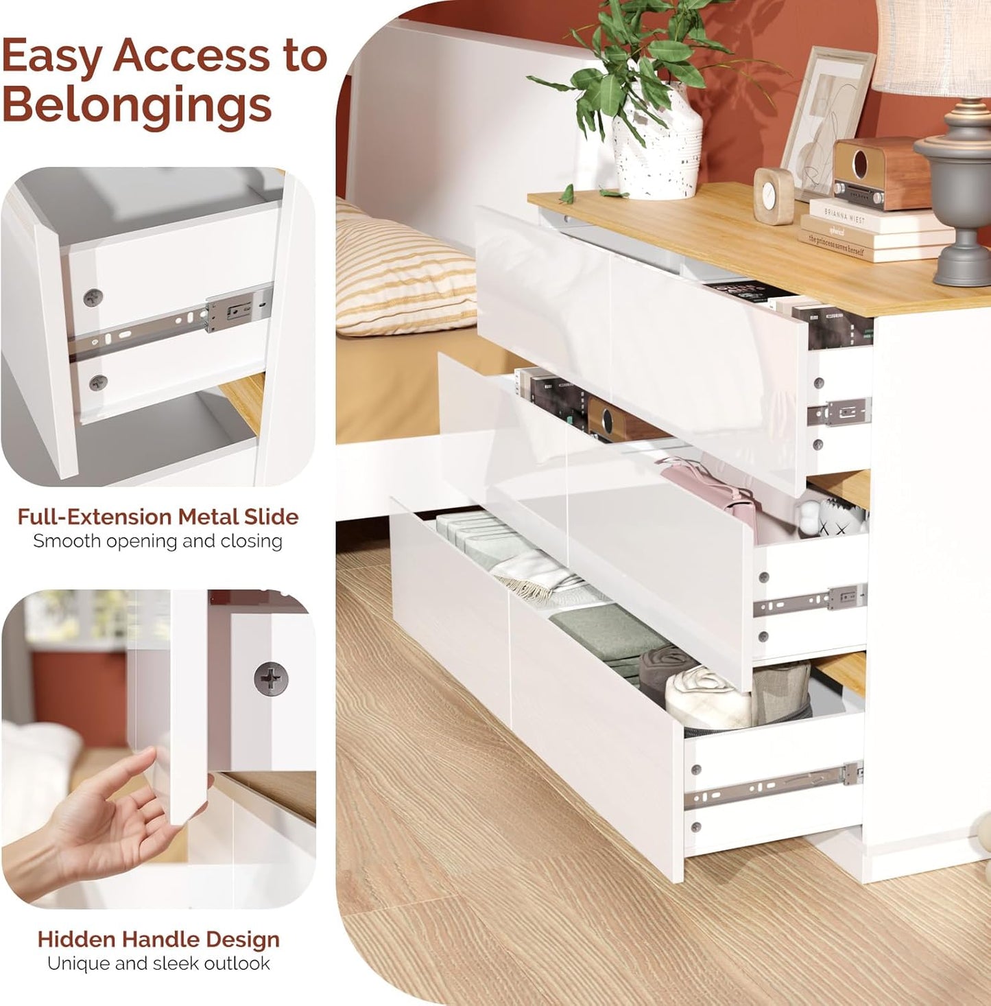 VINGLI White Dresser High Gloss Chest of Drawers, 6 Drawer Dresser for Bedroom, Modern Dressers Wood, Brown Top, 47.2" W x 15.75" D x 31.5" H