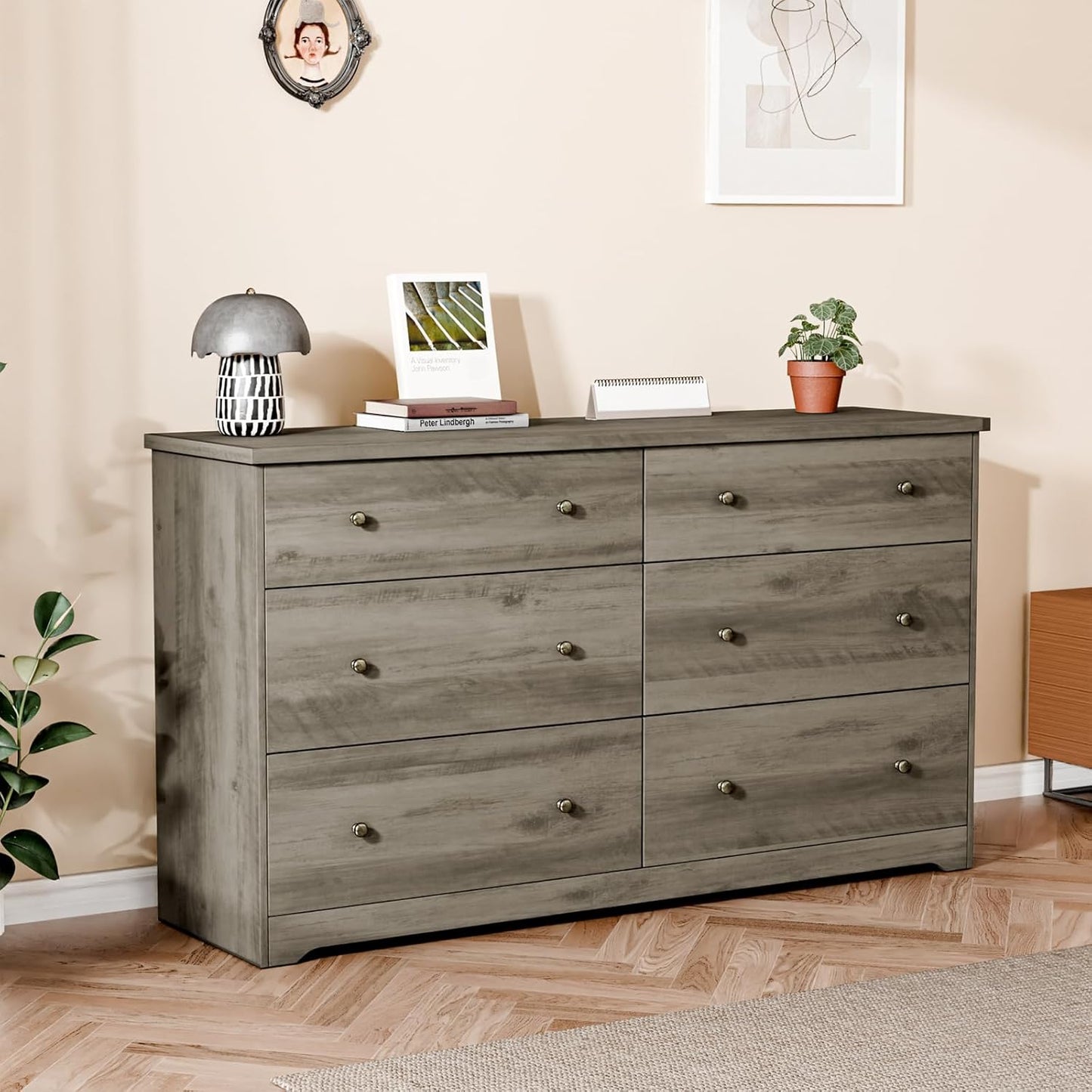 VINGLI 59" Long Dresser 6 Drawer, Grey Large Dresser for Bedroom, Rustic Gray Chest of Drawers, Farmhouse, 59" W x 15.75" D x 32" H