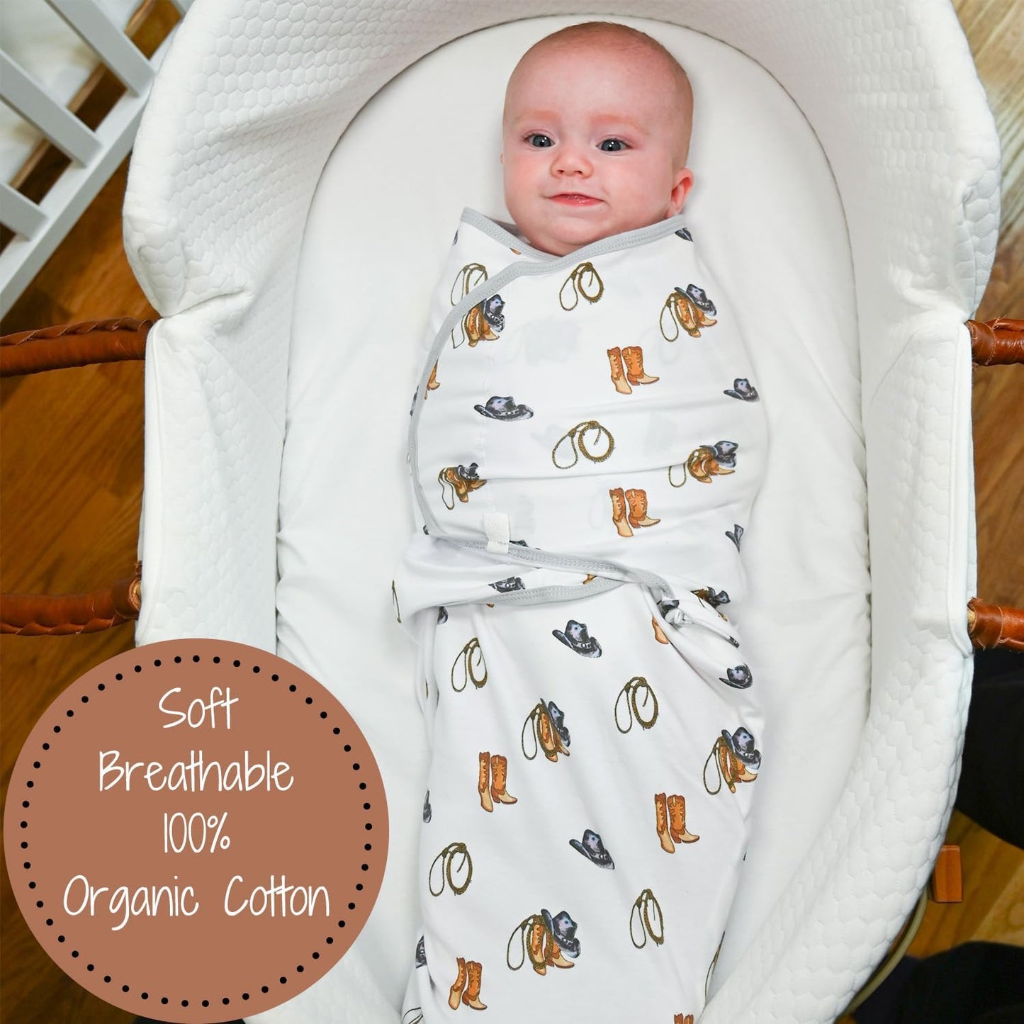 LollyBanks 100% Organic Cotton Baby Boy Essentials Swaddles 0-3 Months, Newborn Swaddle with Easy Change Zipper, Western Baby Swaddle Blanket Wrap (Cowboy Print)