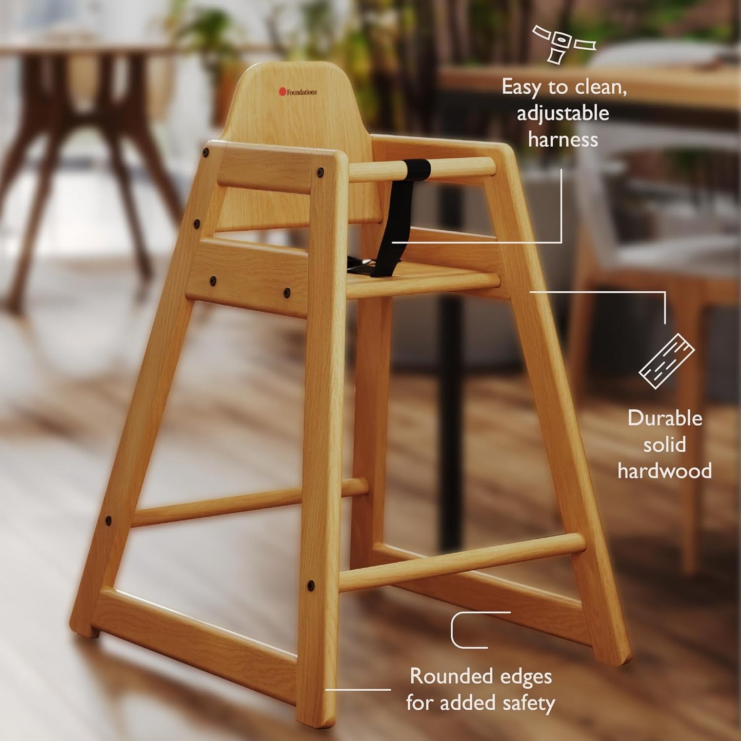 Foundations Neat Seat Wood Highchair for Restaurants, Easy to Clean, “No-tip” Feet, 3-point Safety Harness, Durable Hardwood, Small Footprint, Stackable (Natural)