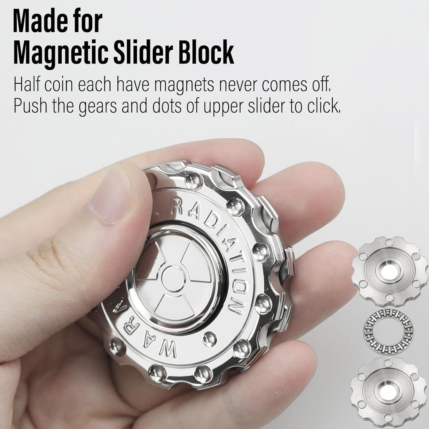 FREELOVE Metal Fidget Spinner Magnetic Slider, Spinning Haptic Clicker, Heavy Stainless Steel Spin Clicky, Small Round Gear Click Gyro, Premium Silent Bearing, Adults Anxiety Cool, Nuc Silver