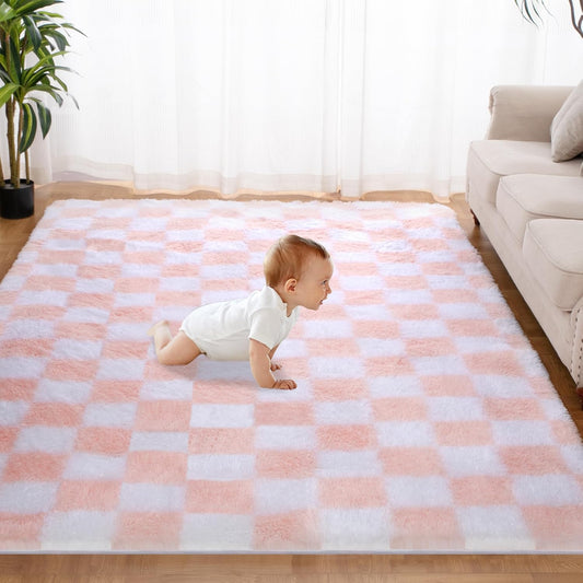 Super Soft Rug for Bedroom, 6x9 Ft Pink and White Area Rug Classic Checkered Shaggy Anti-Skid High Pile Soft Fluffy Rug Fuzzy Carpet for Living Room Bedroom Kids Room Nursery, Dorm Home Decor