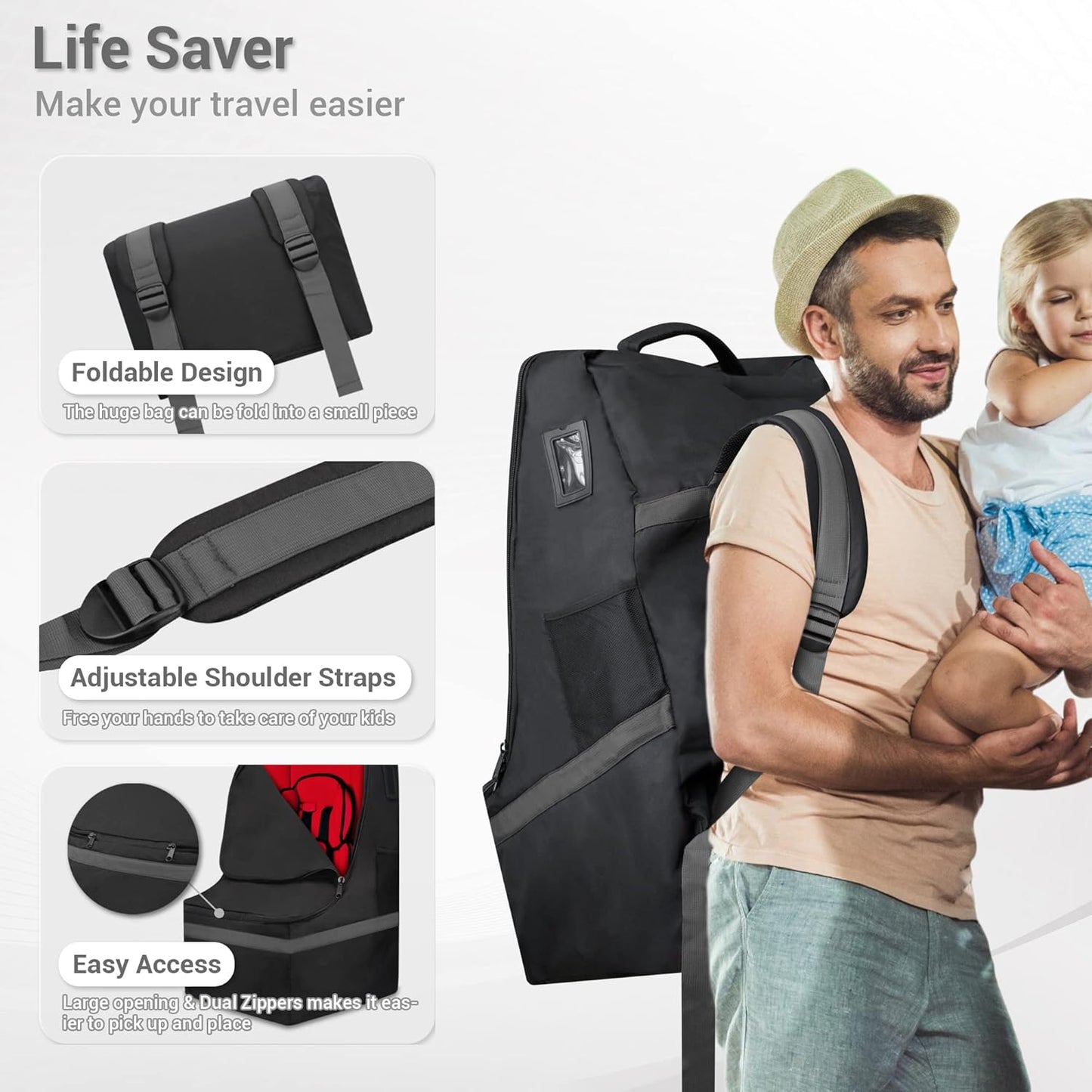 Car Seat Travel Bag - Padded, Comfortable, Durable, Roomy Gate Check Carseat Cover Backpack Fits 3-in-1，Convertible, Booster & Infant Car Seats for Airplane, Airport, Gray