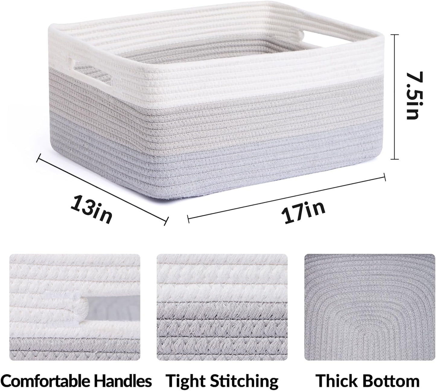 Large Storage Baskets for Organizing, Closet Shelf Baskets for Clothes Blanket Towels, Baby Nursery, Toy Bins Box, Woven Rope Baskets, 17 x 13 x 7.5”, 4 Packs Gradient Grey