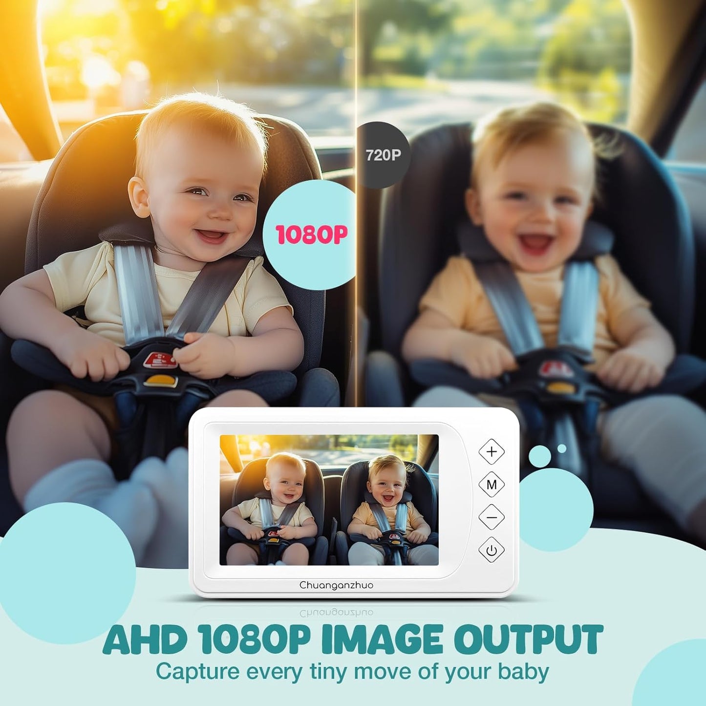 Baby Car Camera with Advanced Crystal-Clear Night Vision, 3X Zoom, USB Powered, 5'' AHD 1080P IPS Car Baby Monitor, Backseat Camera for Kids Infants Rear Facing Mirror, 5inch, White