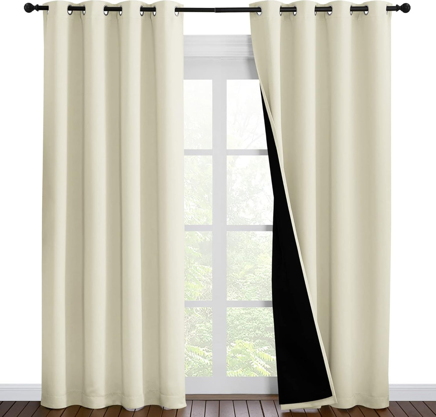 NICETOWN Living Room Completely Shaded Draperies, Privacy Protection & Noise Reducing Ring Top Drapes, Black Lined Insulated Window Treatment Curtain Panels (Beige, 2 Pieces, W55 x L86)
