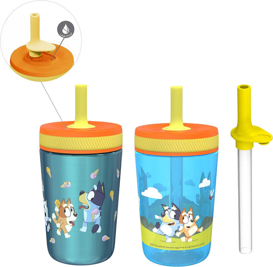 Zak Designs Bluey Kelso Tumbler Set, 15 fl.oz. Leak-Proof Screw-On Lid with Straw, Bundle for Kids Includes Plastic and Stainless Steel Cups with Bonus Sipper, 3pc Set, Non-BPA