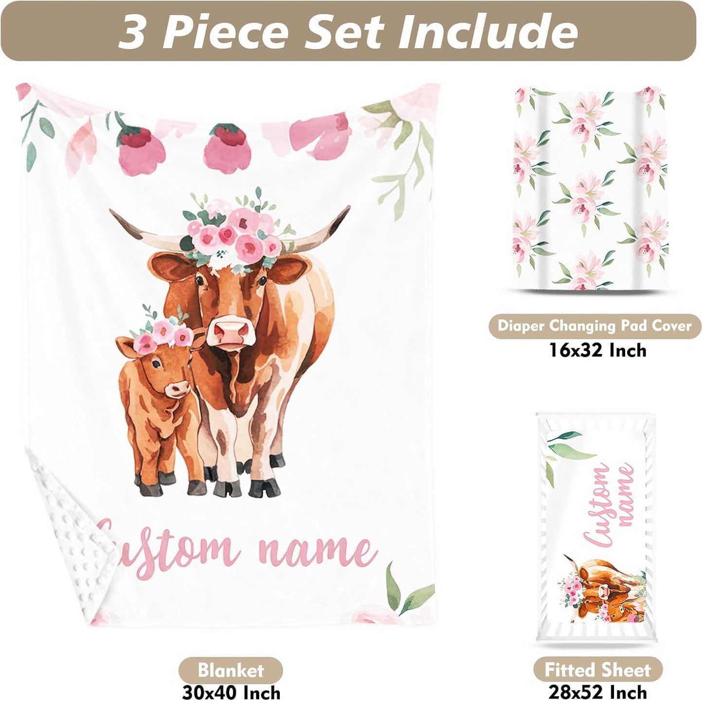 Custom Name Crib Bedding Set - Highland Cow Theme, Personalized Pink Flower Nursery Bedding 3-Piece Set– Soft Blanket, Fitted Sheet, Changing Pad Cover – for Newborns Girls Nursery Gifts