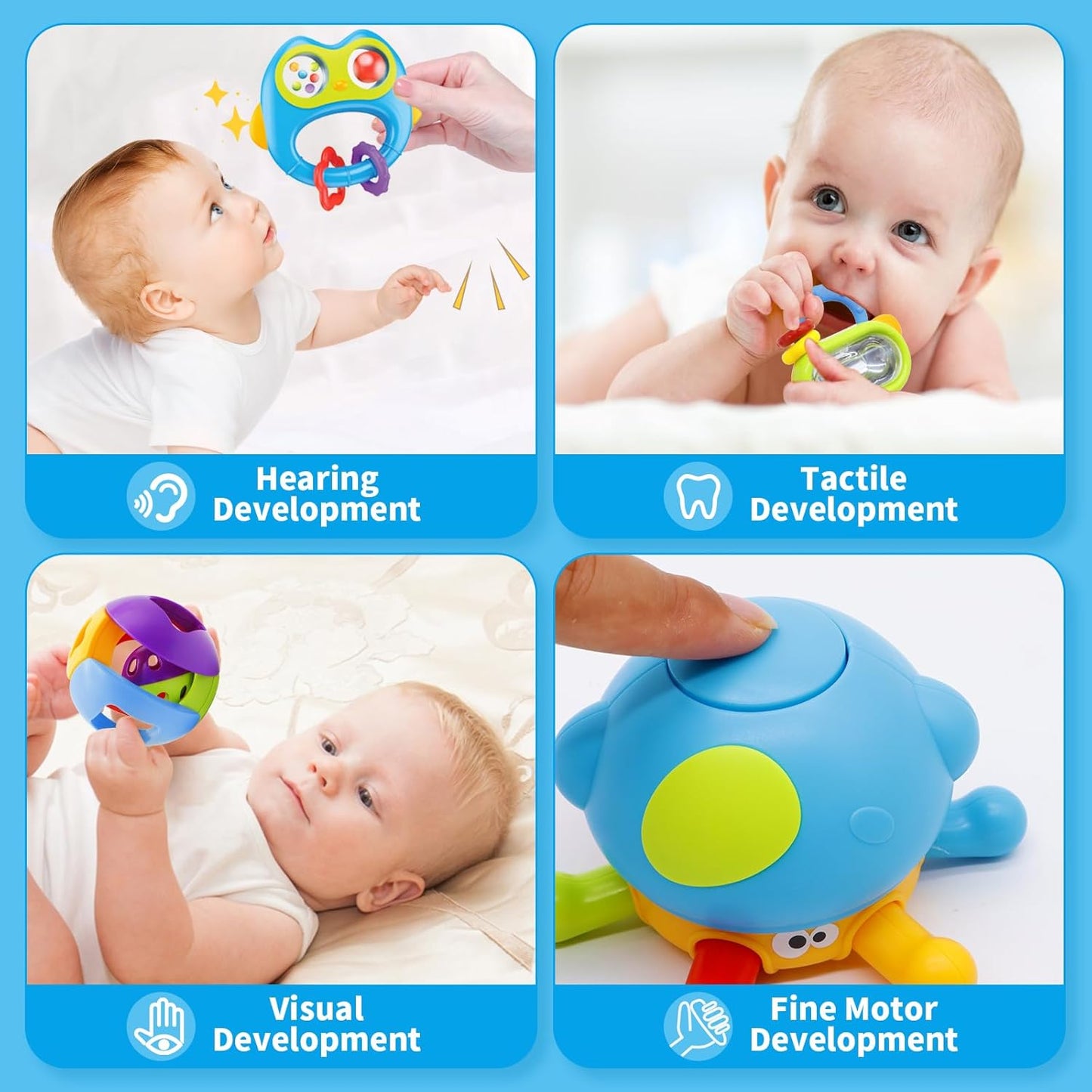 MOONTOY 7pcs Baby Rattles Toy Set, Baby Toys 0-6 Months Infant Toys 6-12 Months Teethers for Babies 3-6 Months Easter Basket Stuffers, Sensory Teething Toys 0 1 2 3 4 5 6 Month Newborn Boy Girl Gifts