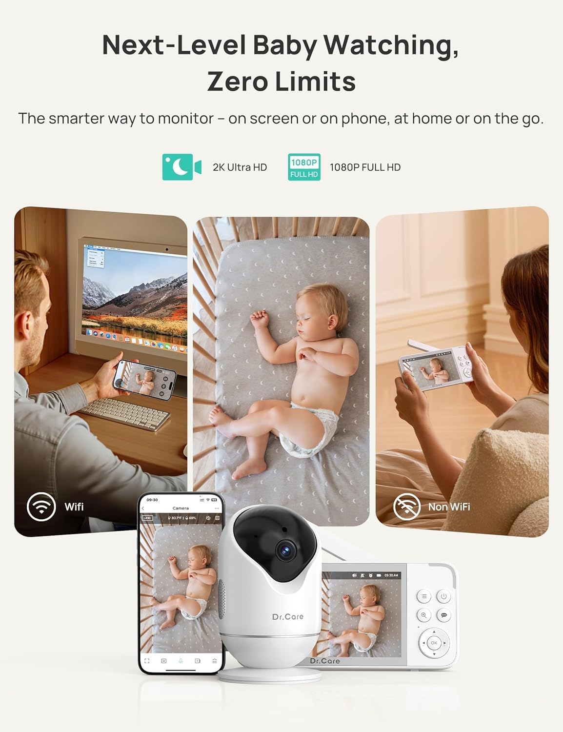 VistaView Smart WiFi Baby Monitor with 2 Cameras- 5” 1080P Split Screen & 2K Camera App Control, Cry & Motion Alerts, Night Vision, 5000mAh Battery, 2-Way Talk, Triple Security, 1279ft Range